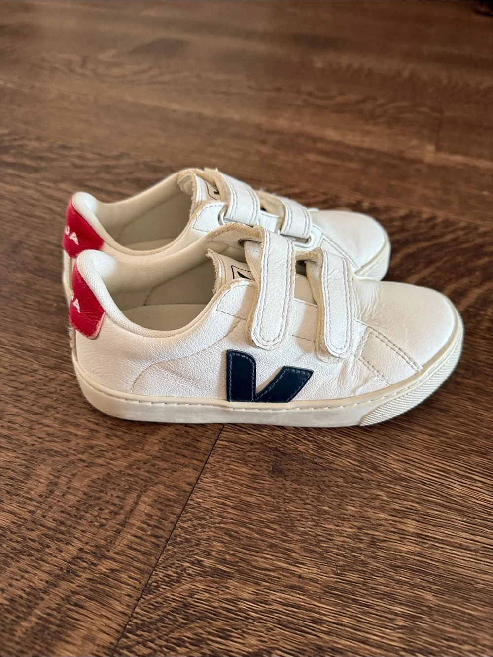 Veja Kids Esplar White Leather Velcro Sneakers with Navy V and Red Heel